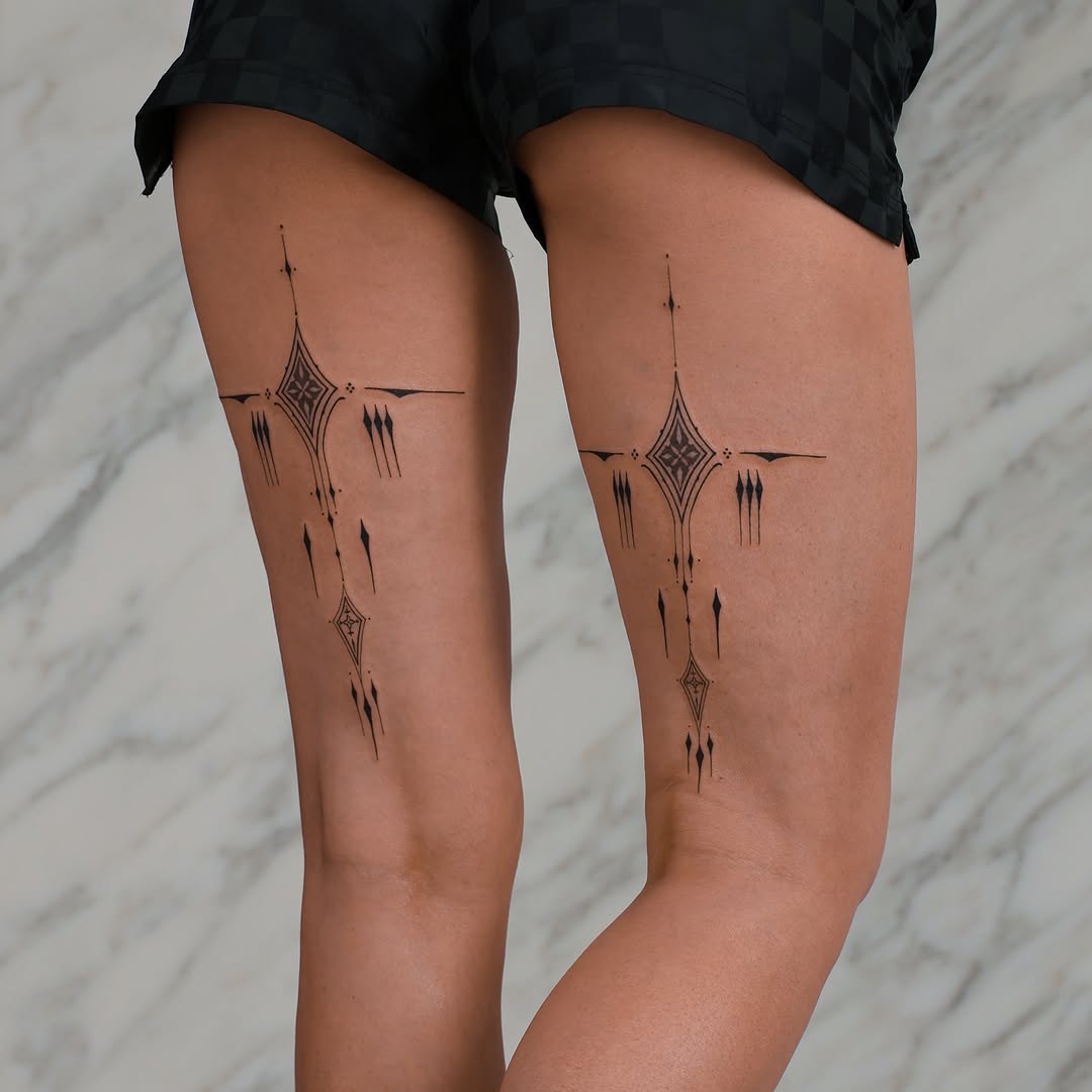 Ornament tattoo on the leg, fine geometric pattern work