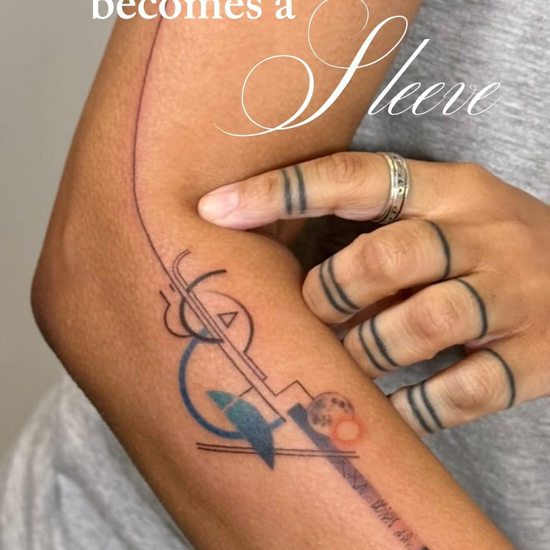 Abstract storytelling tattoo coming to life on skin